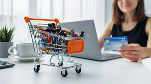 Miniature Shopping Cart Filled With Colorful Electronics On Desk Miniature Shopping Cart Filled With Colorful Electronics On Desk